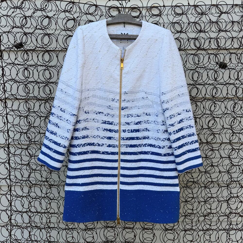 Milly Blue White Stripe Boucle Tweed Metallic Zip Up Long Line Blazer Jacket 4